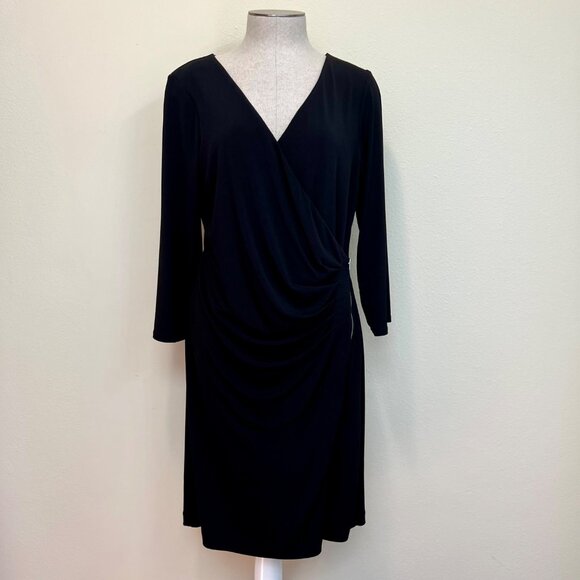 EXPRESS 3/4 Sleeve Zipper Front Faux Wrap Jersey Dress Black Size Large - Picture 4 of 9